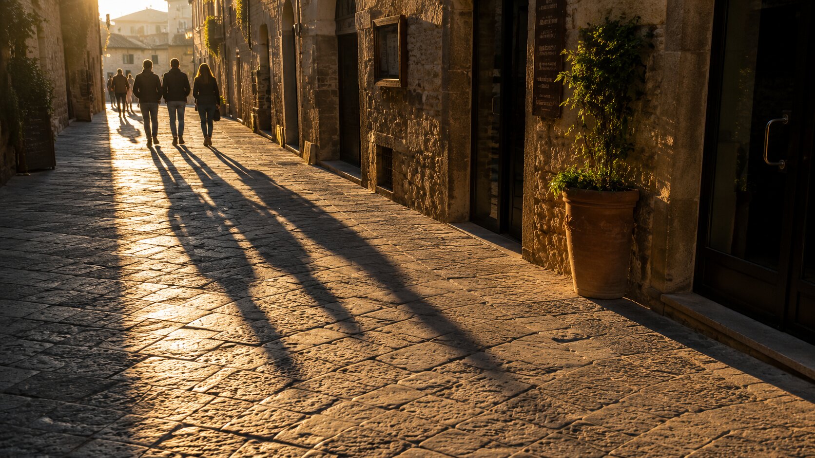 long shadows on stone street in San Gimignano during early morning light