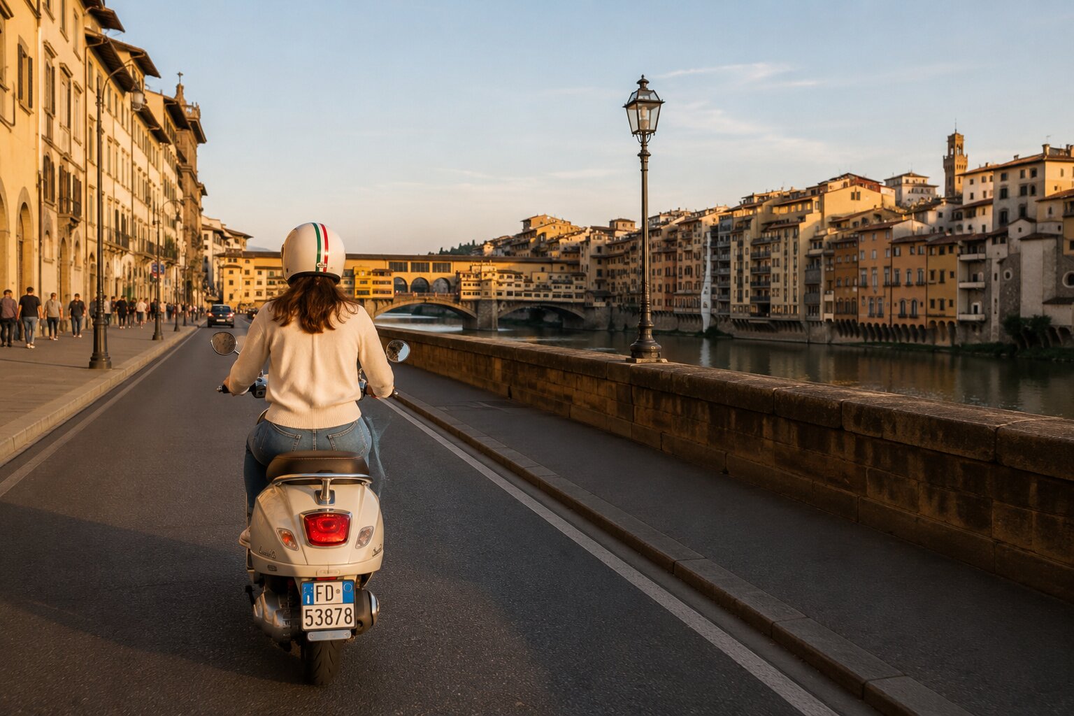 vespa riding along the Arno river in Florence