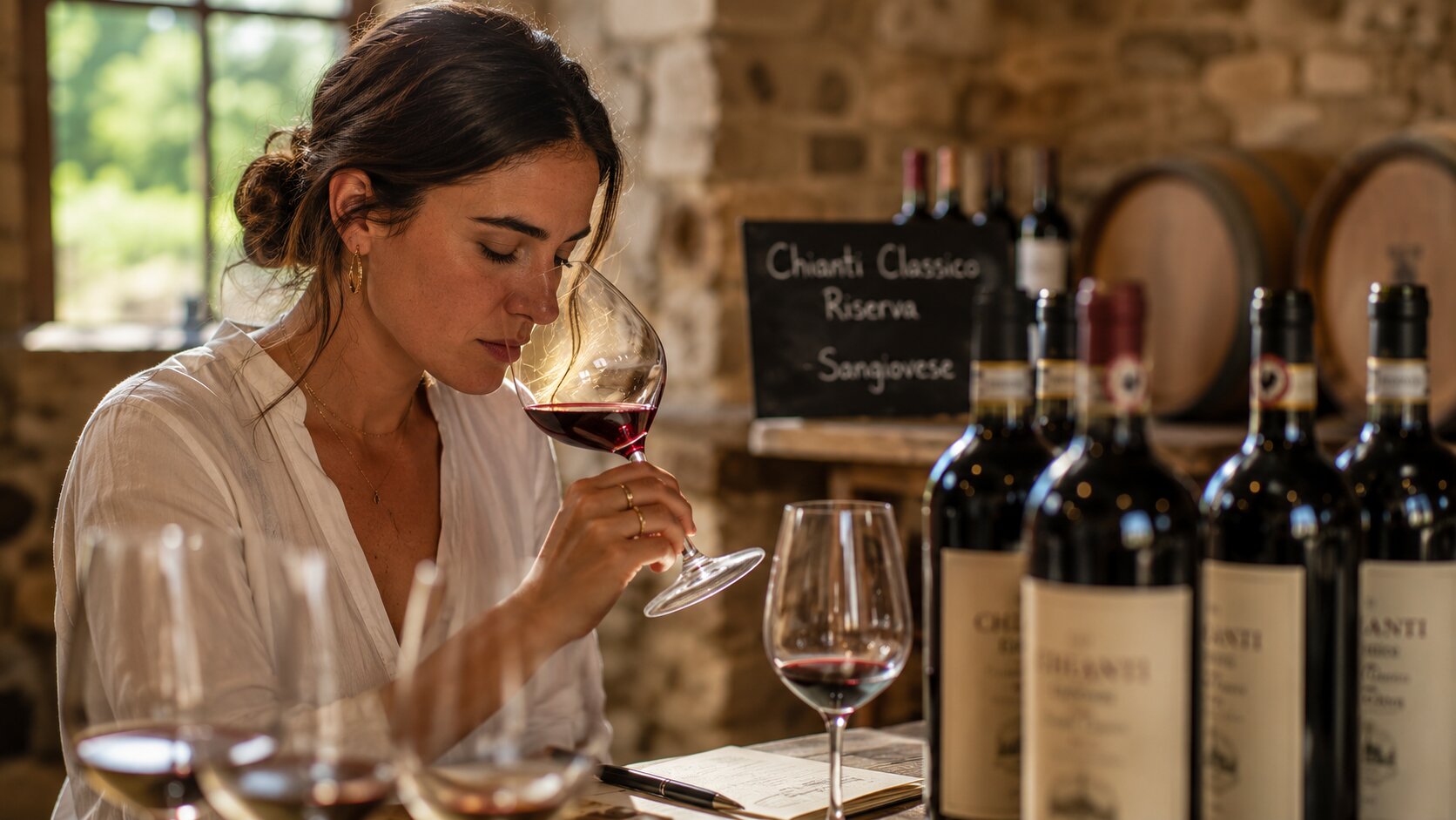 person smelling wine during a tasting in Tuscany