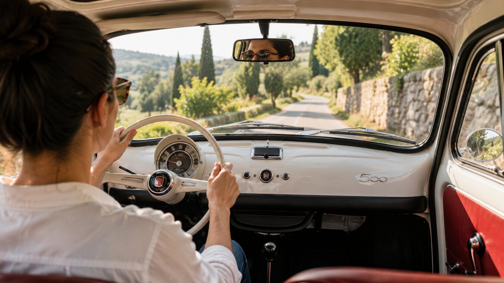 Driving a vintage Fiat 500 in Tuscany