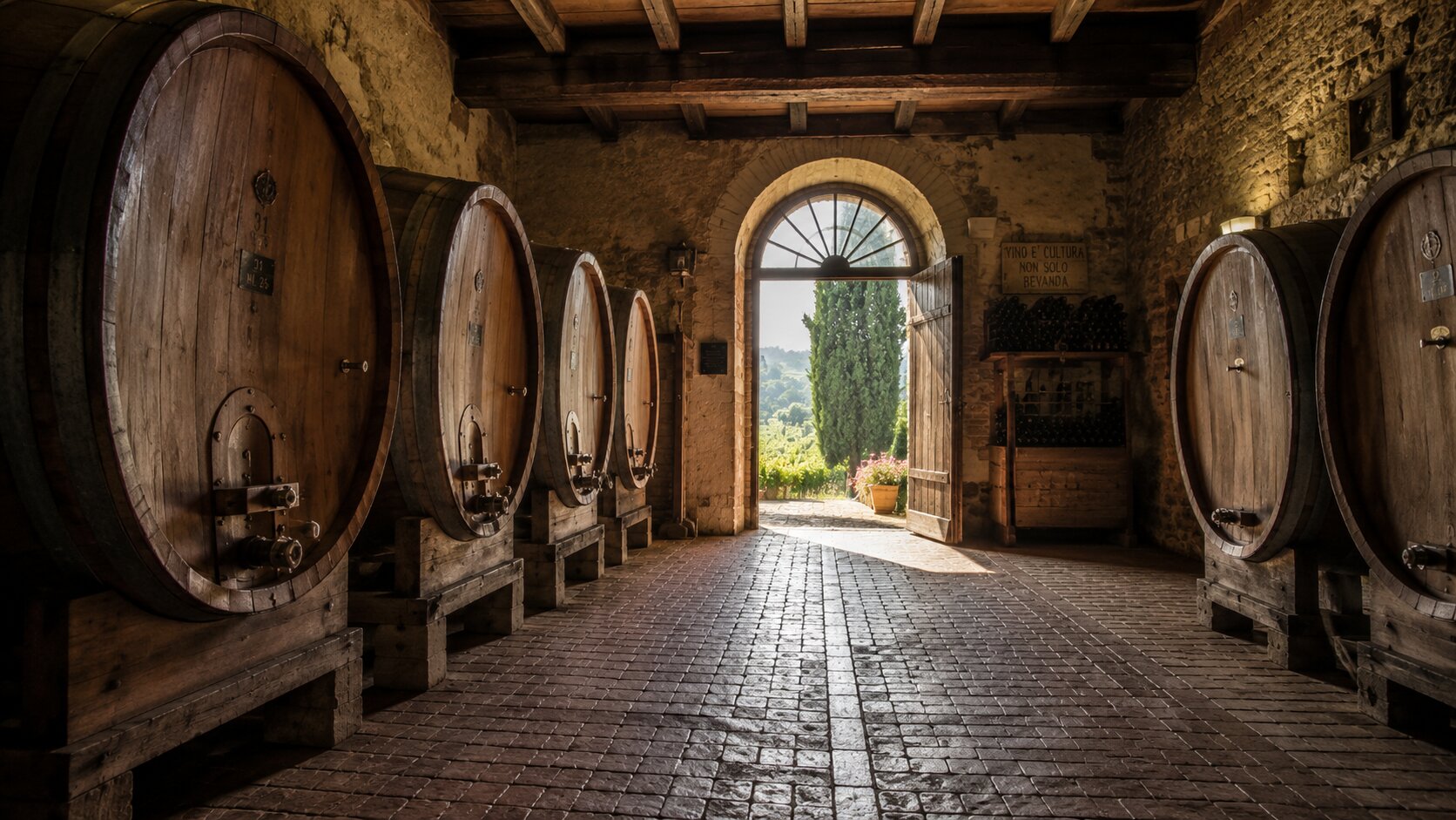 Historic Tuscan wine cellar with oak barrels