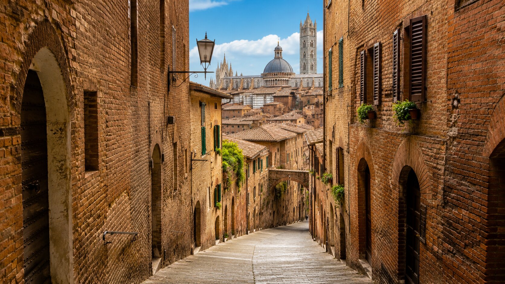 Medieval street in Siena with Duomo view