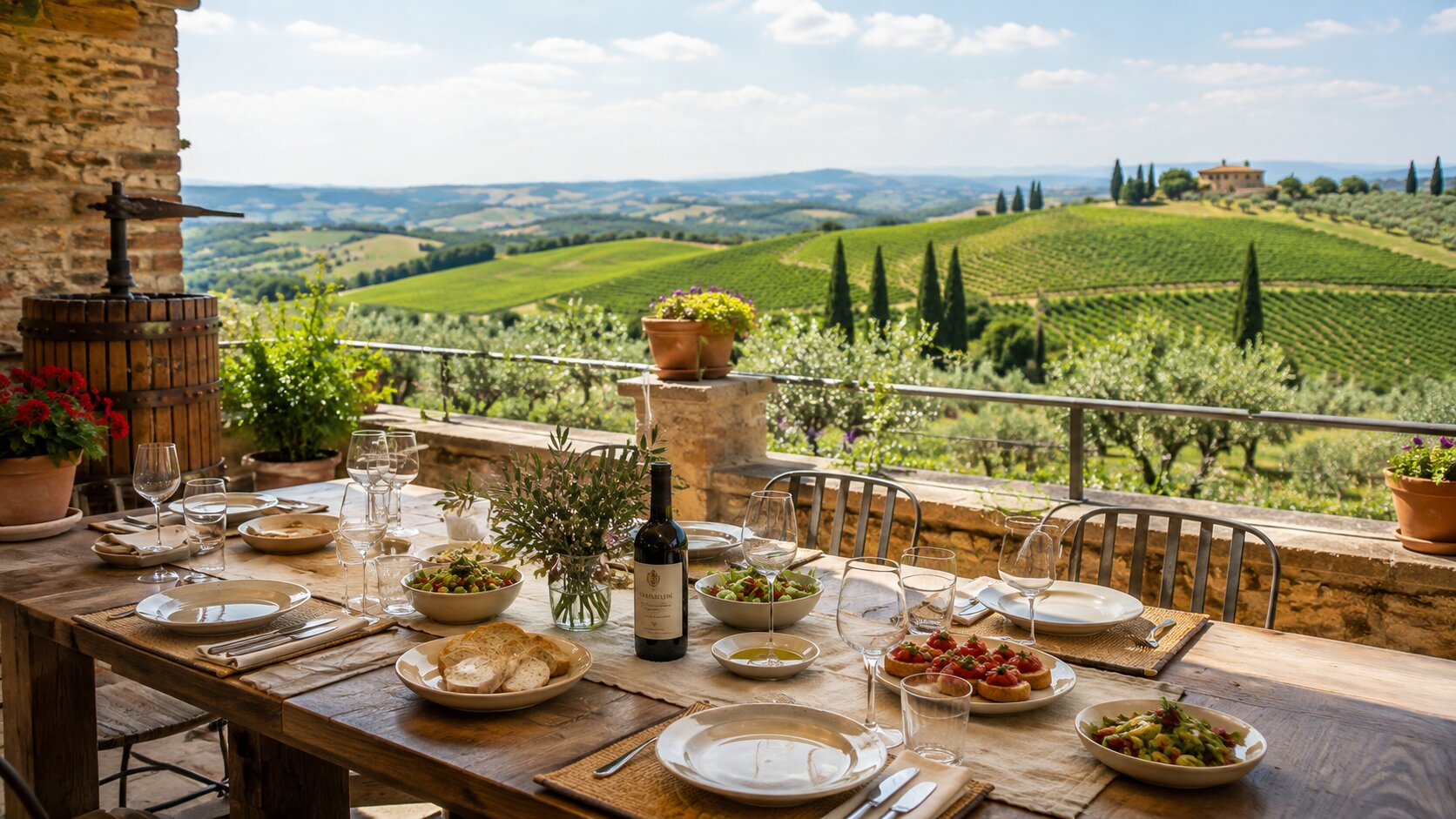 Tuscan winery lunch overlooking Chianti vineyards