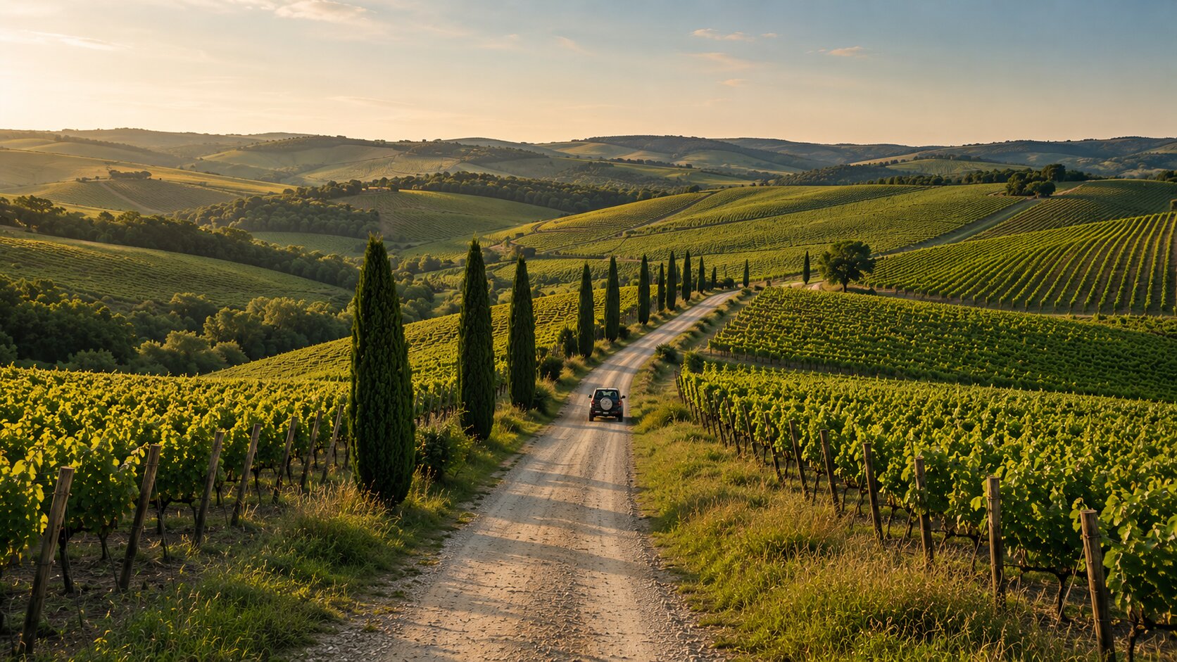 Tuscan countryside road between vineyards