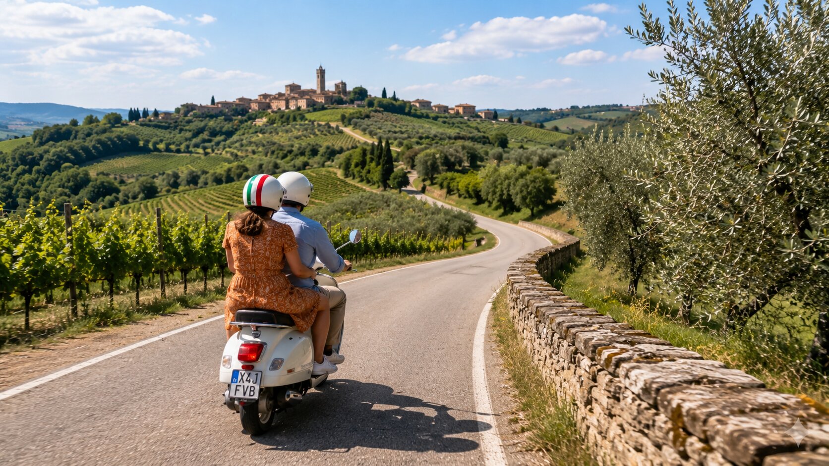 Two travelers riding a Vespa through the Chianti countryside