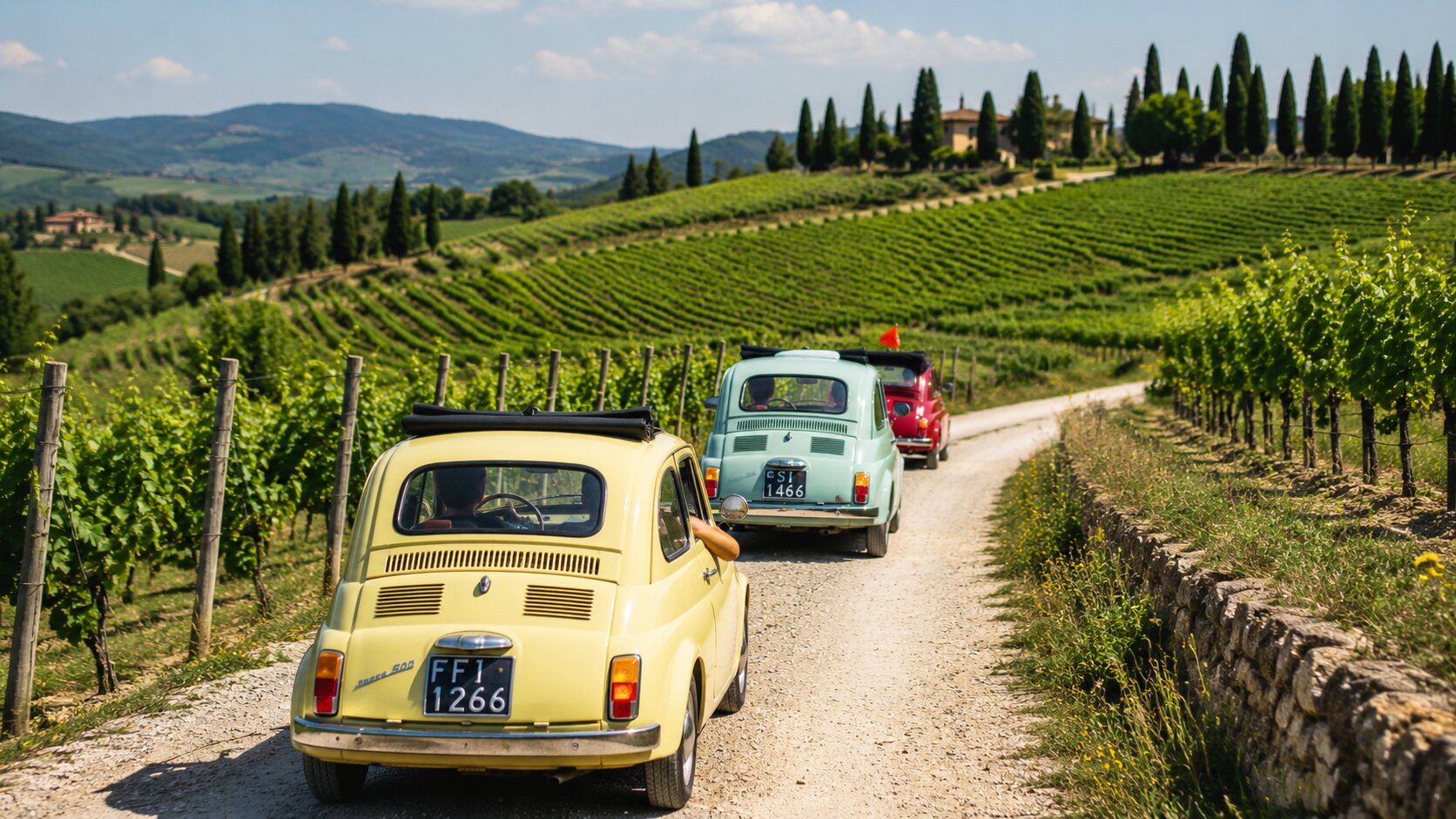 Vintage Fiat 500 convoy driving through Chianti vineyards