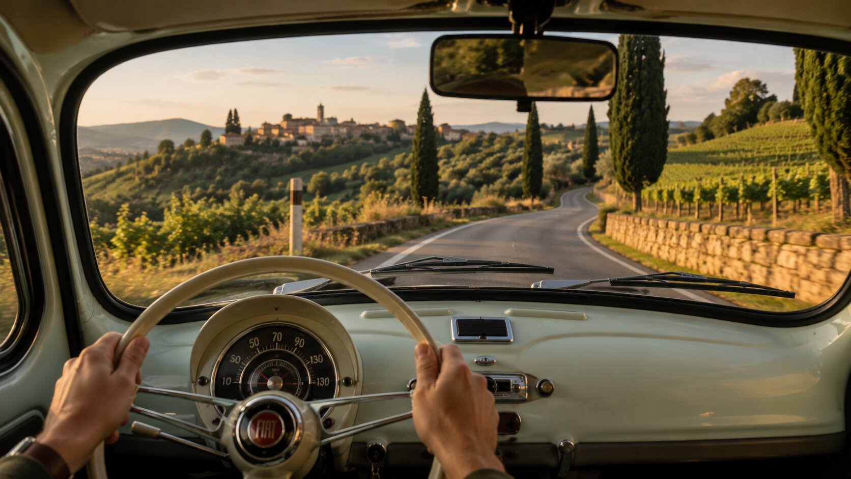 View from a vintage Fiat 500 driving through the Tuscan countryside