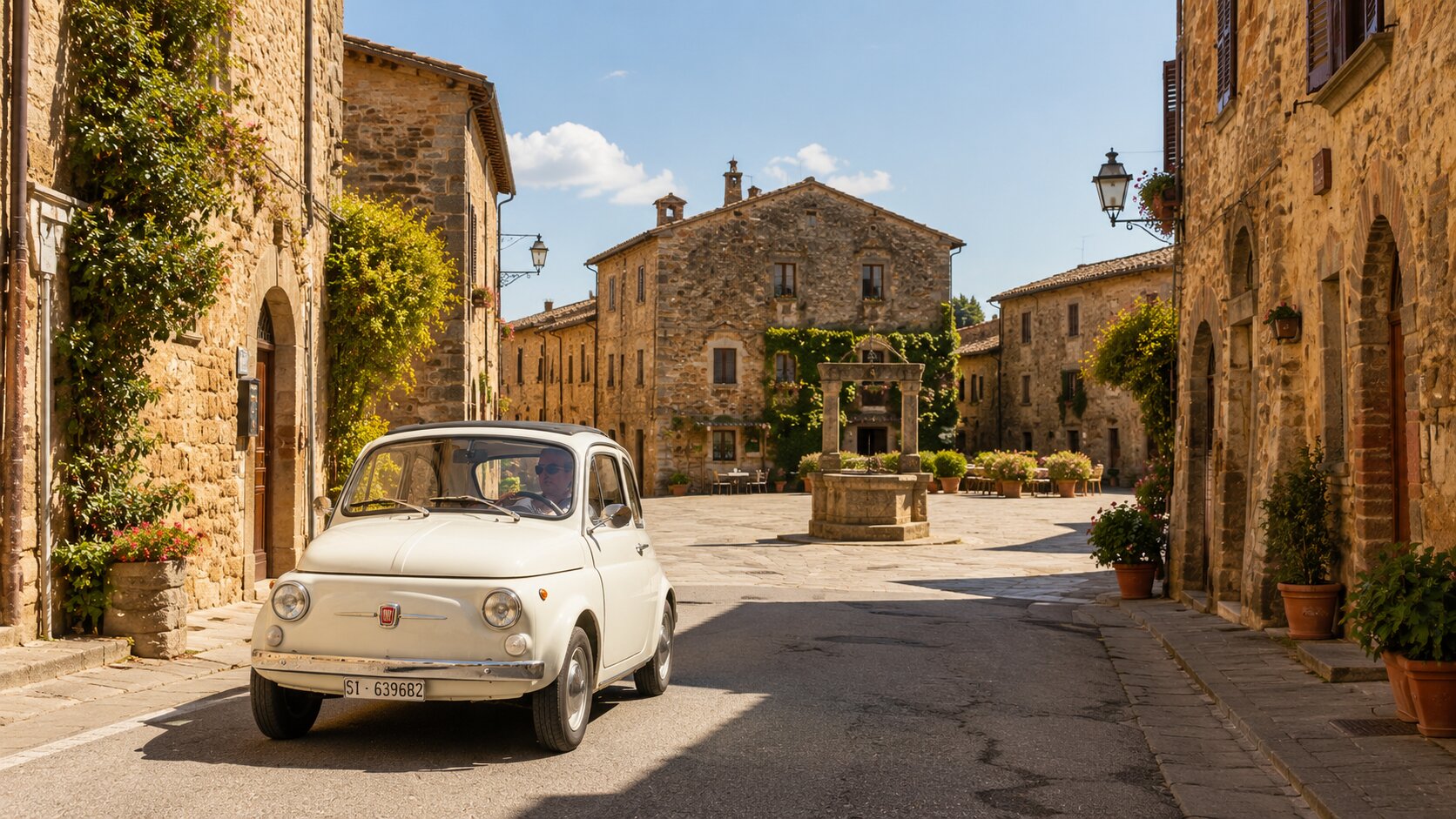 Vintage Fiat 500 driving through a Tuscan village