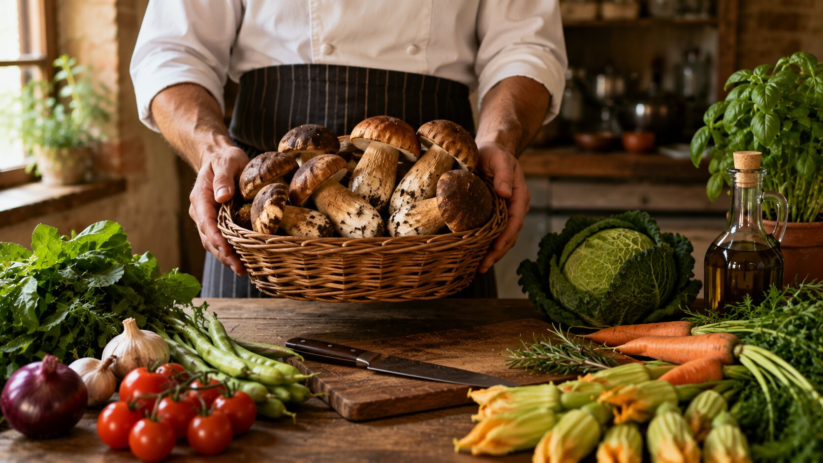 Chef holding fresh porcini mushrooms in a Tuscan kitchen