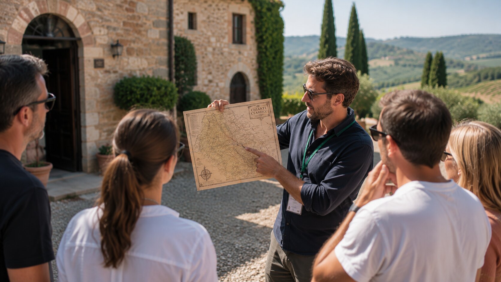 Local guide explaining a map of Chianti