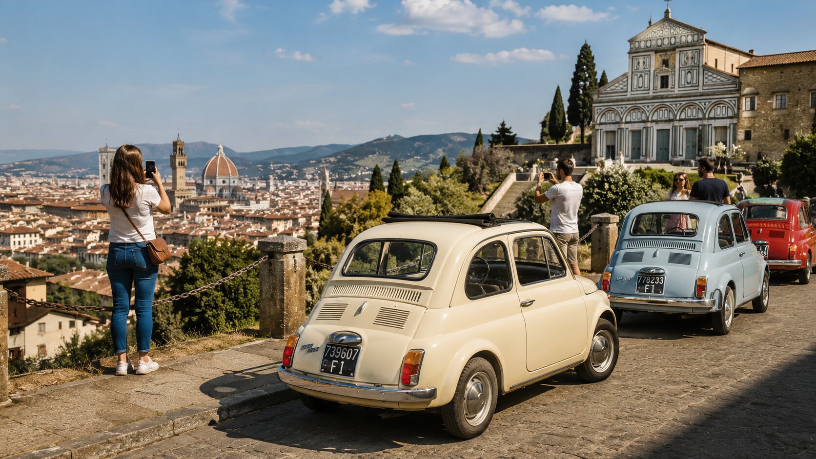 Vintage Fiat 500 parked at San Miniato al Monte overlooking Florence