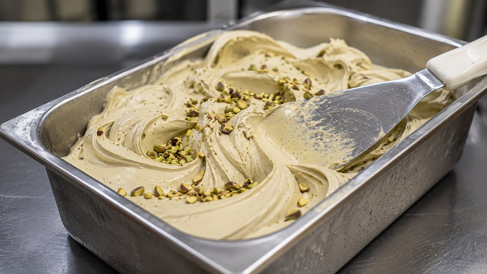 Freshly made gelato in a stainless steel pan
