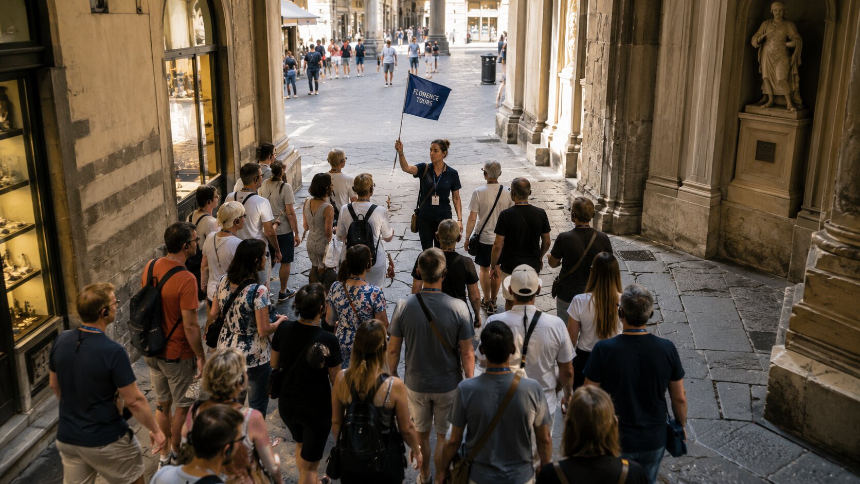 Guided tour group crossing a street in Florence
