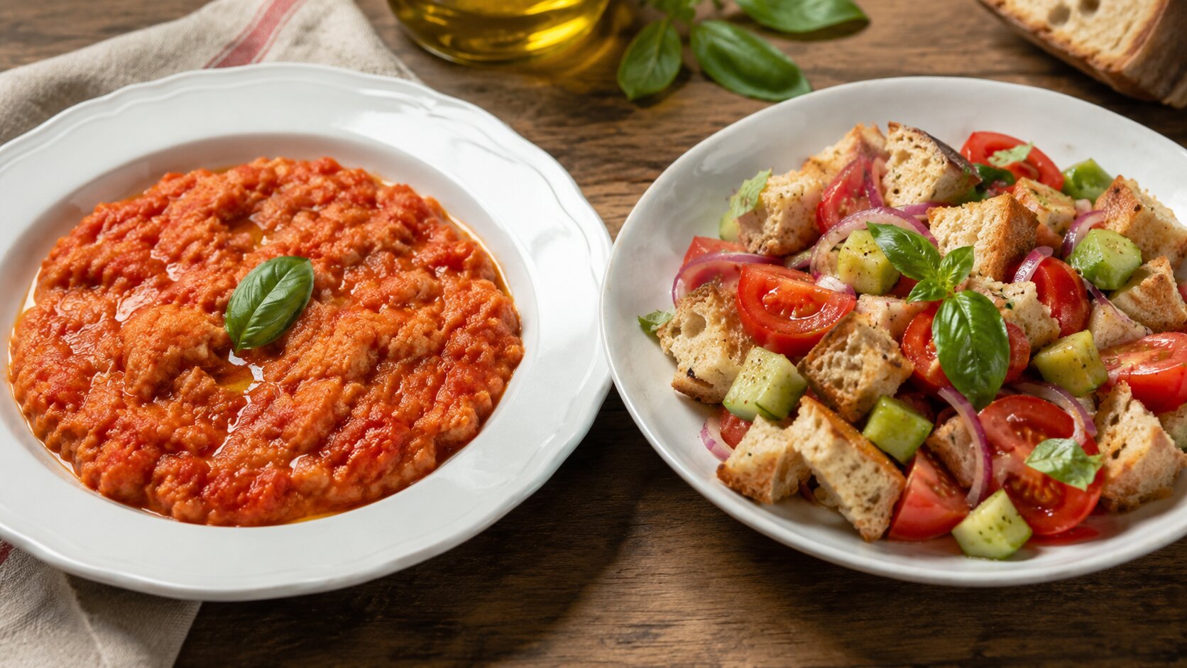 Plates of pappa al pomodoro and panzanella