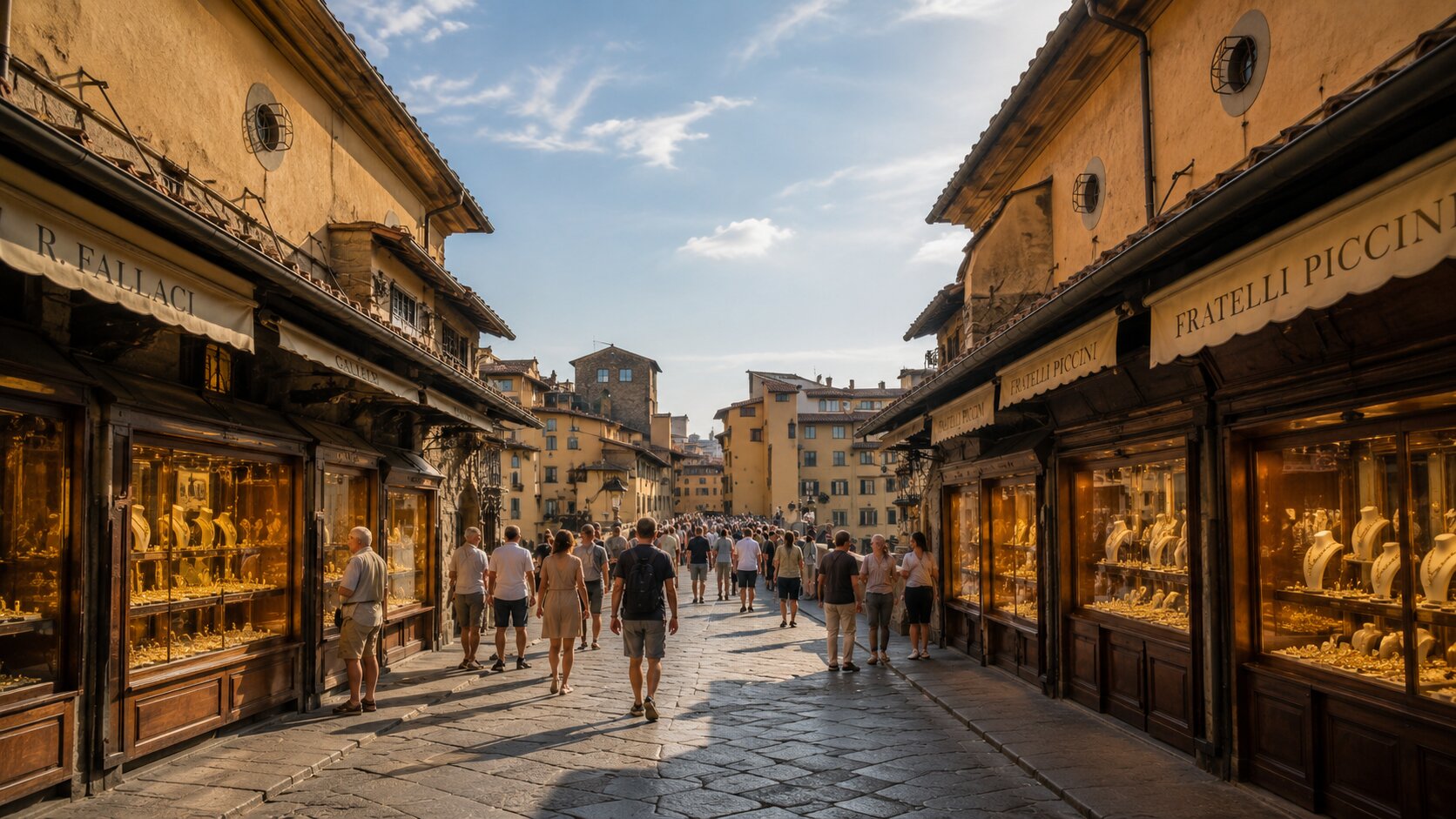 Visitors walking between Ponte Vecchio's jewelry shops