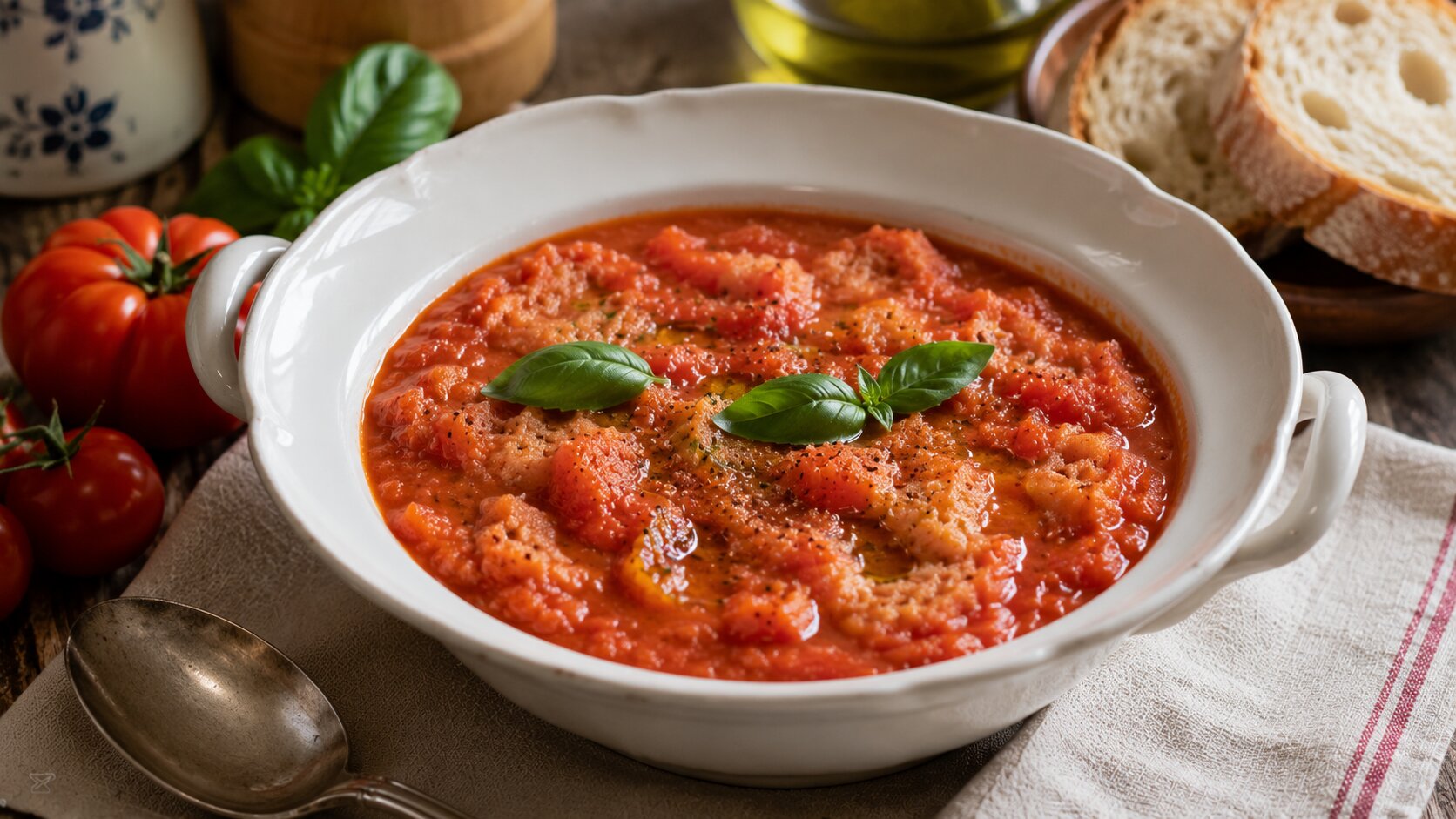 Traditional pappa al pomodoro in a white bowl