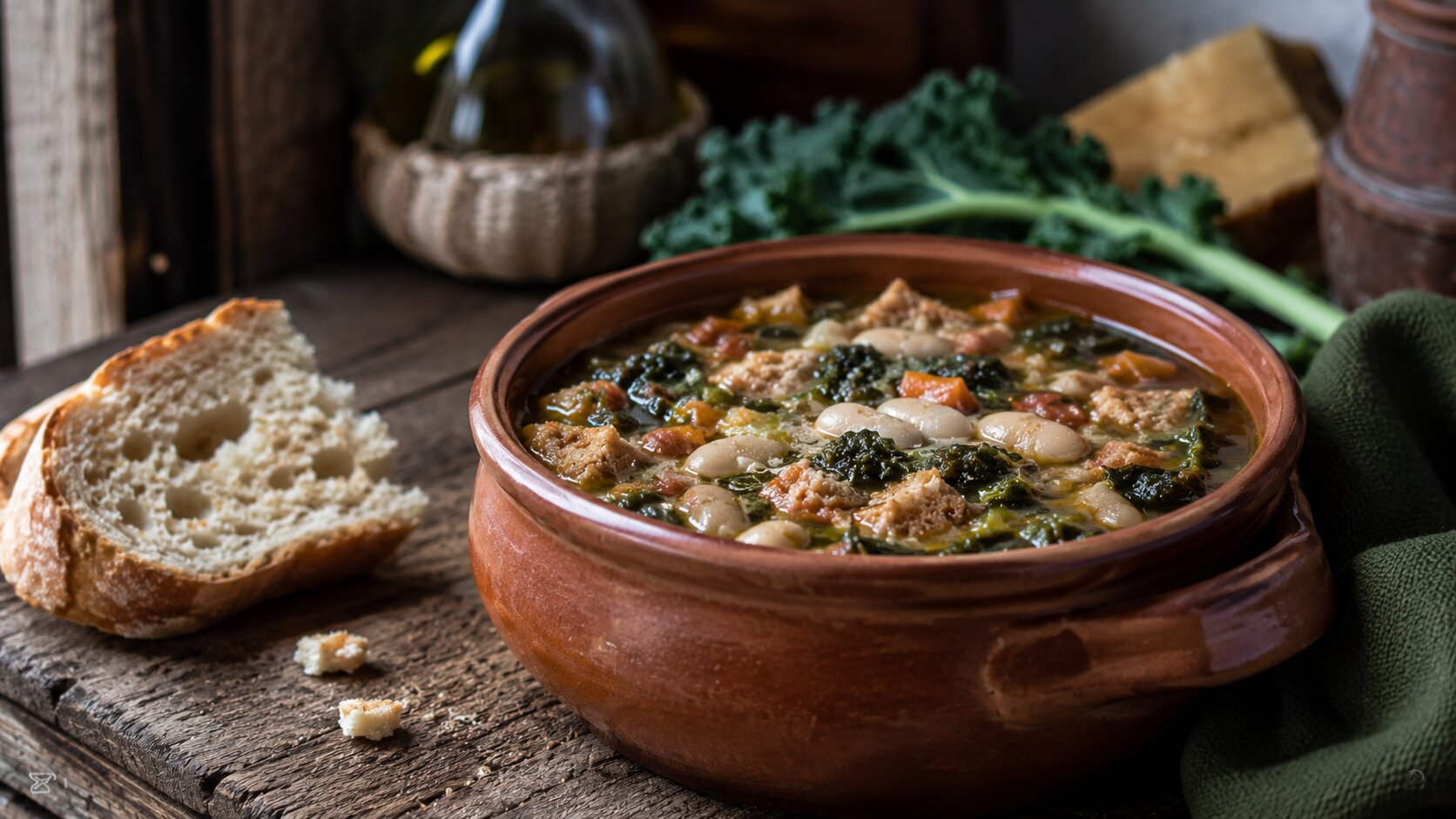 Traditional ribollita served in a terracotta bowl