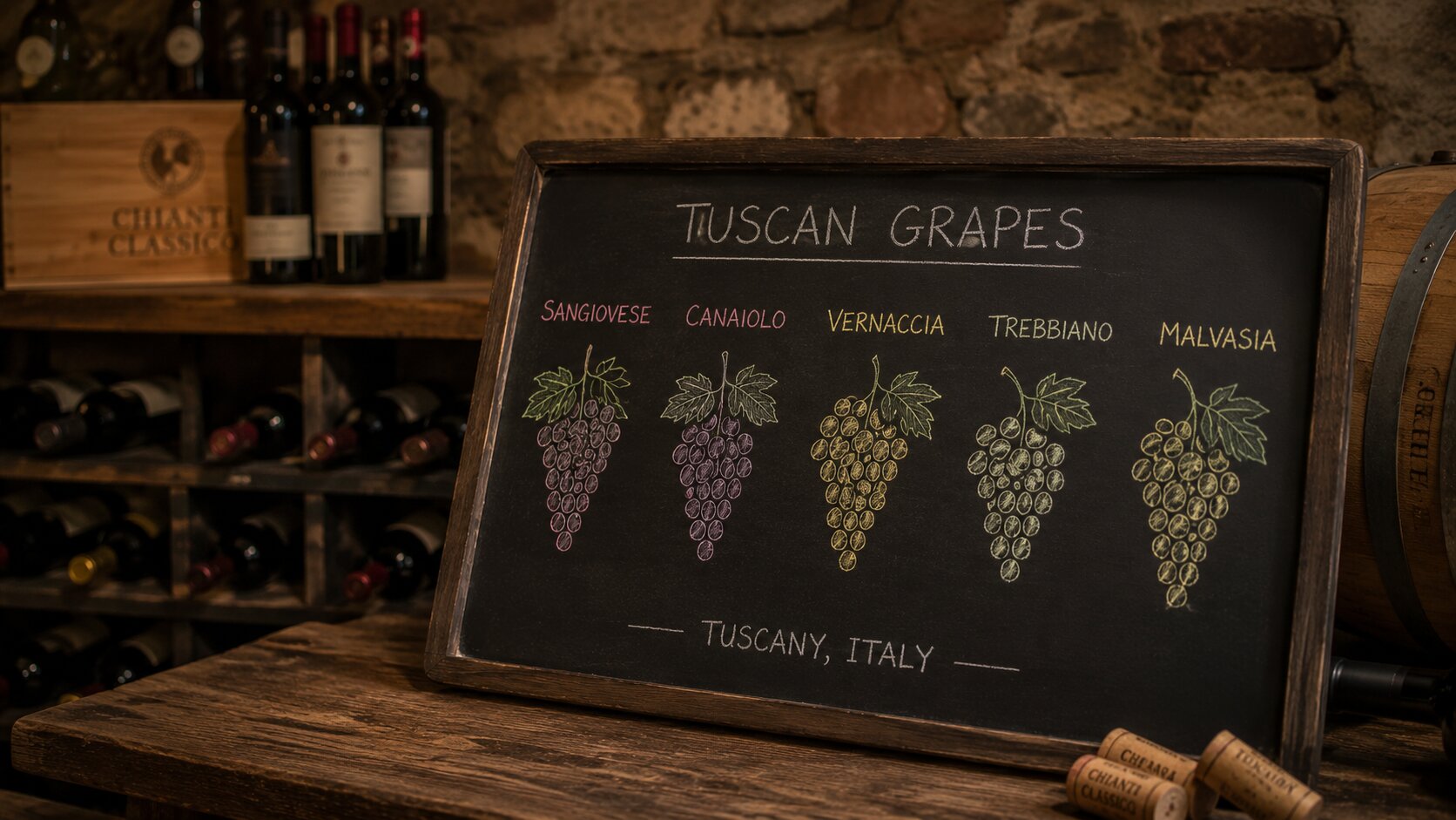 Illustration of Tuscan grape varieties in a wine cellar