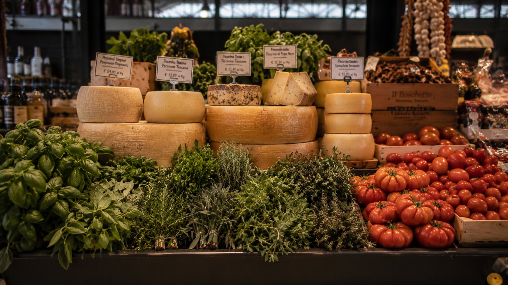 Traditional Tuscan ingredients at a market stall