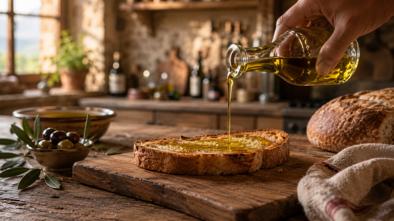 Extra virgin olive oil on toasted Tuscan bread