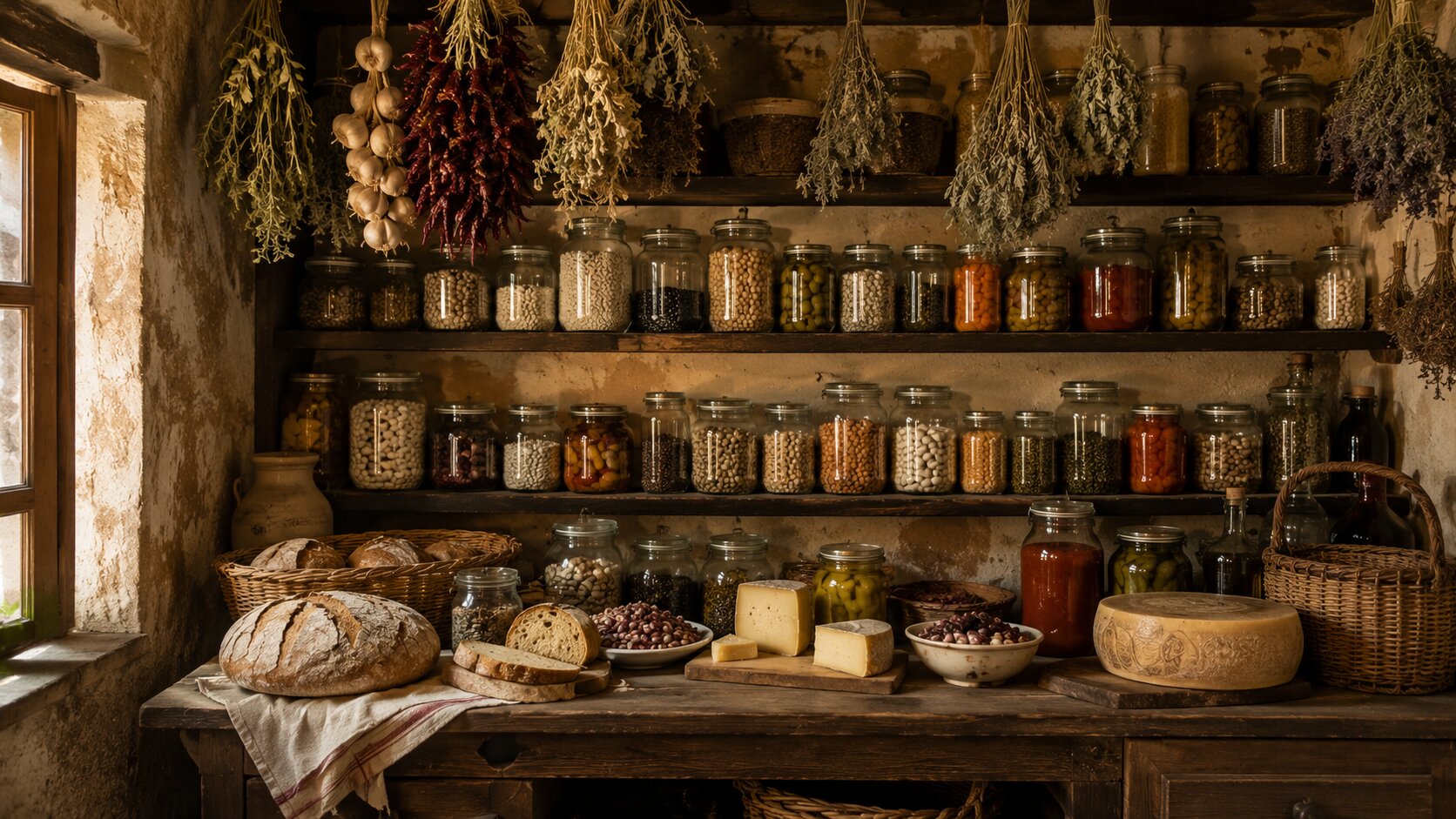 Traditional Tuscan pantry with local ingredients