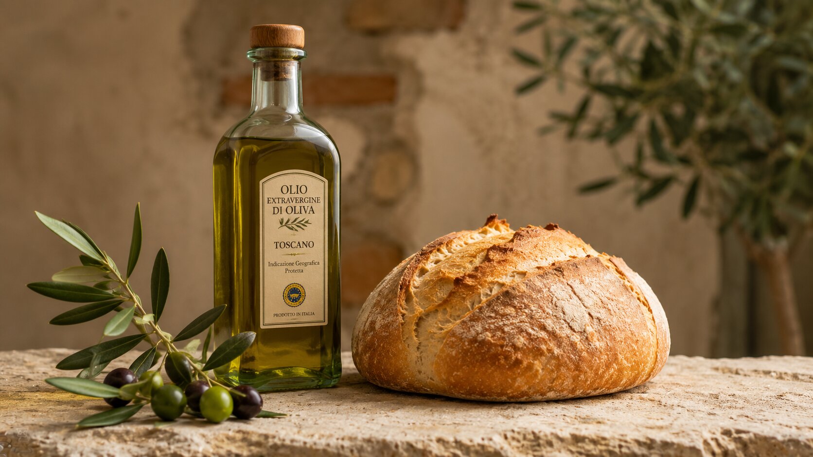 Tuscan olive oil bottle and bread on stone.