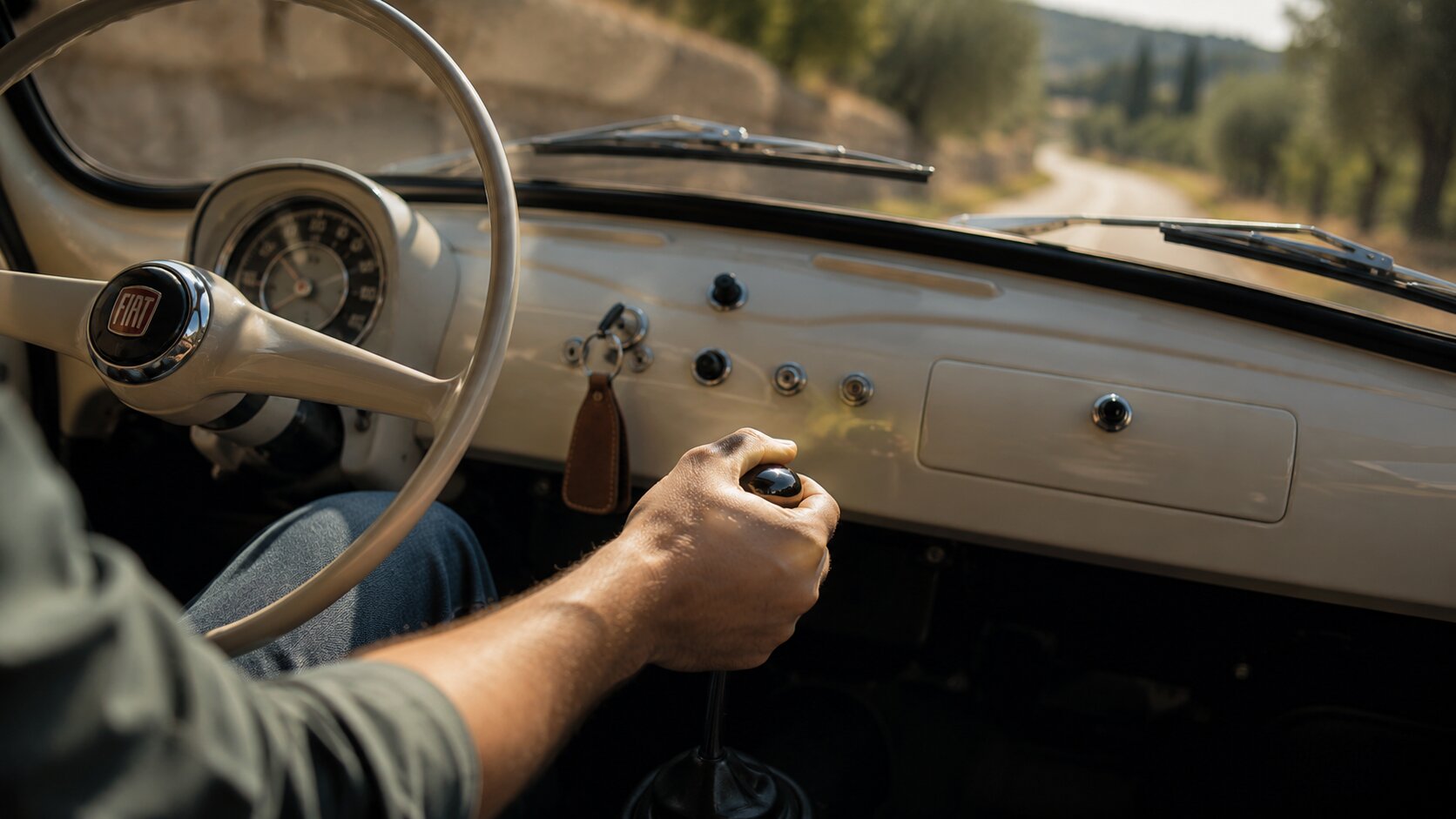 Hand shifting gears in a vintage Fiat 500