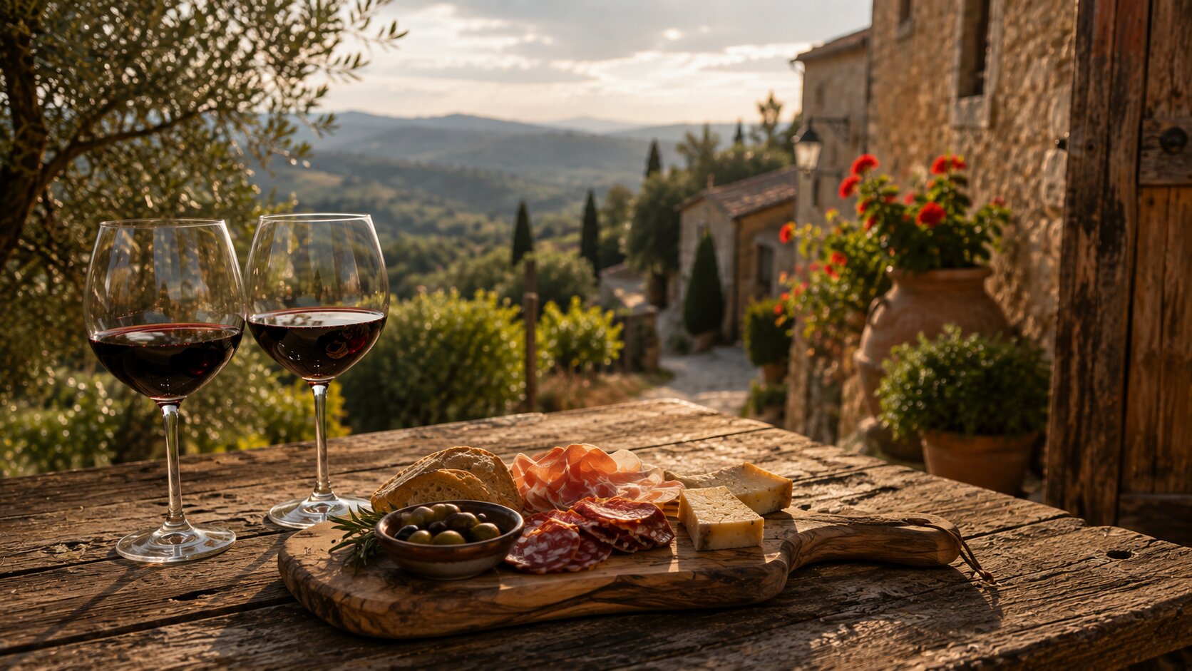 Chianti wine and local charcuterie at a Tuscan winery