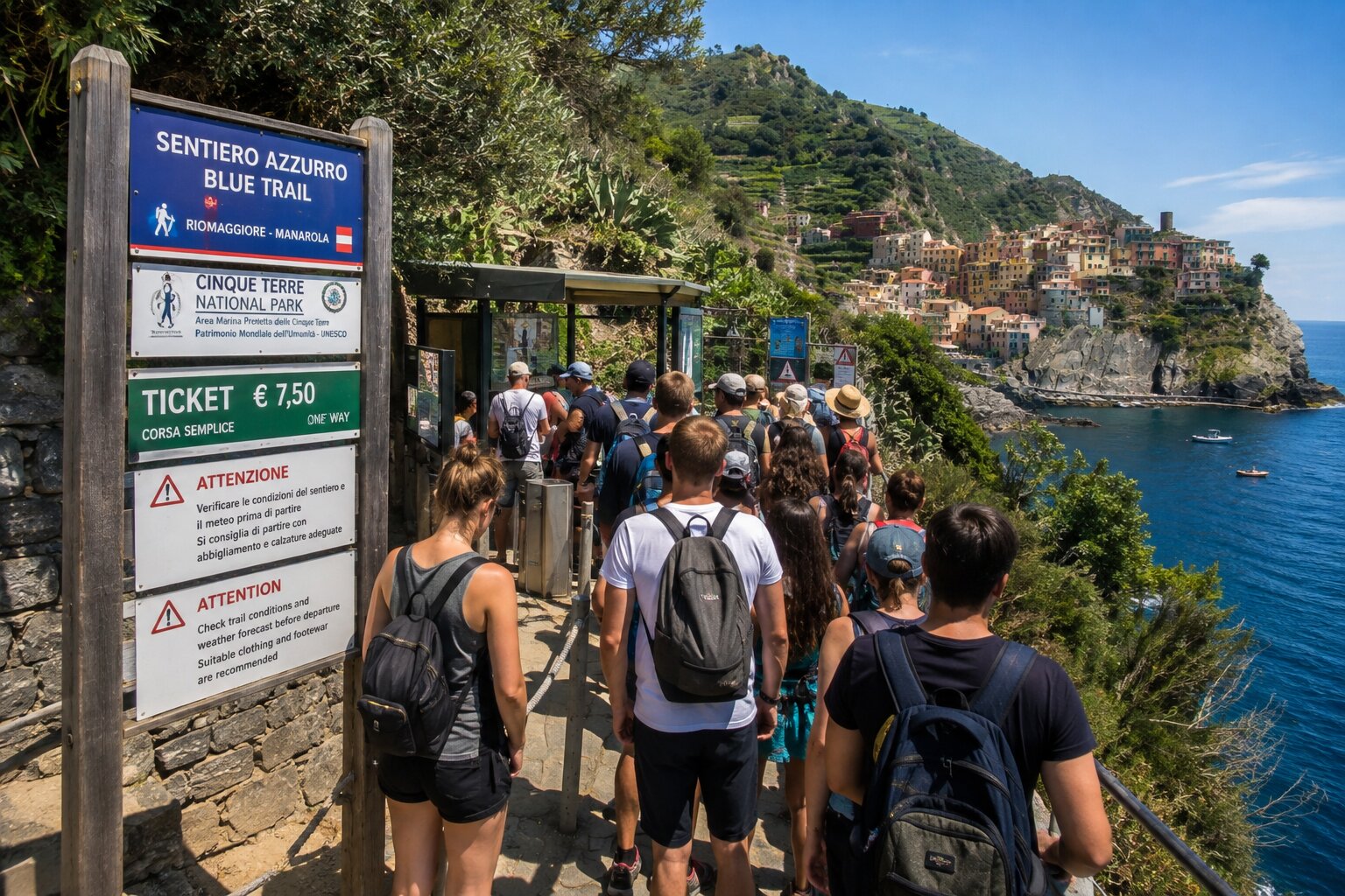 Queue at a Cinque Terre hiking trail entrance