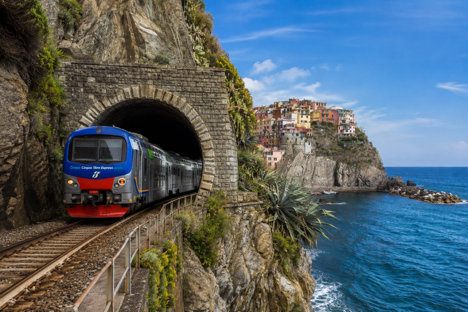 Regional train emerging from a cliff tunnel in Cinque Terre