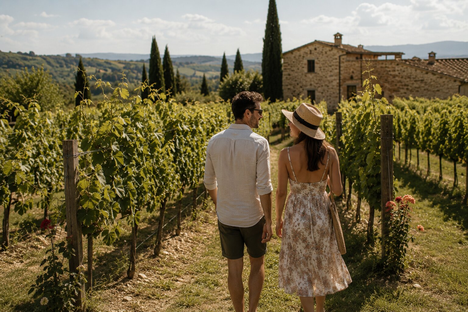 Couple walking through a Tuscan vineyard