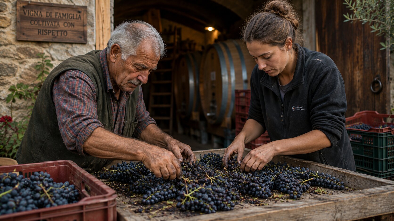 Family sorting Sangiovese grapes at a Chianti winery