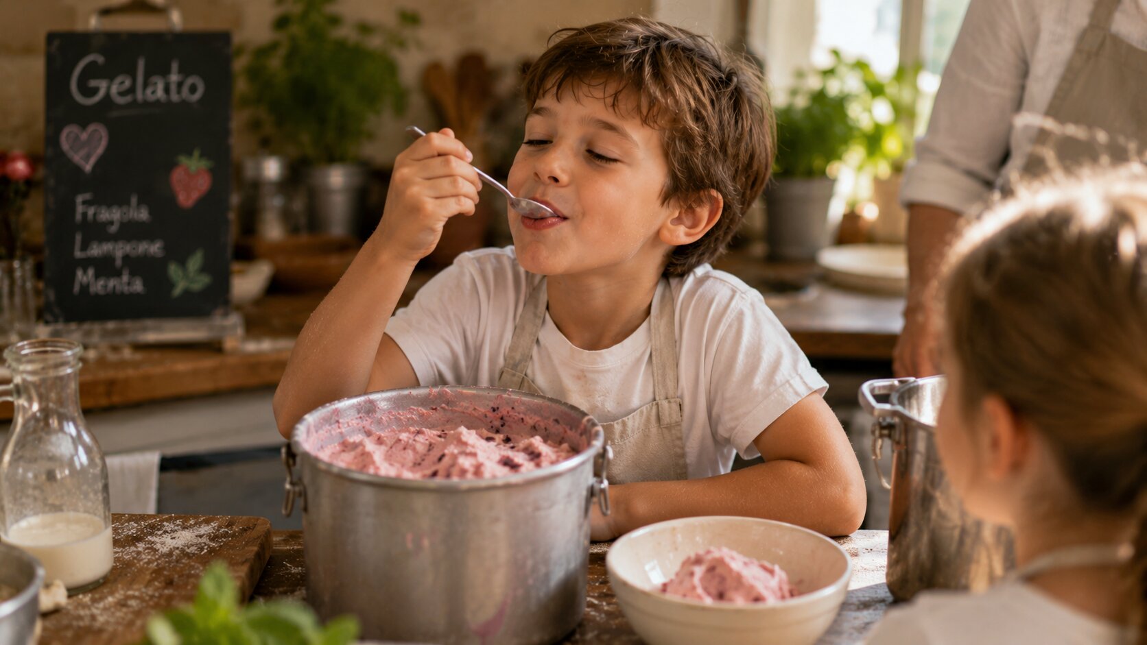 Child tasting homemade gelato