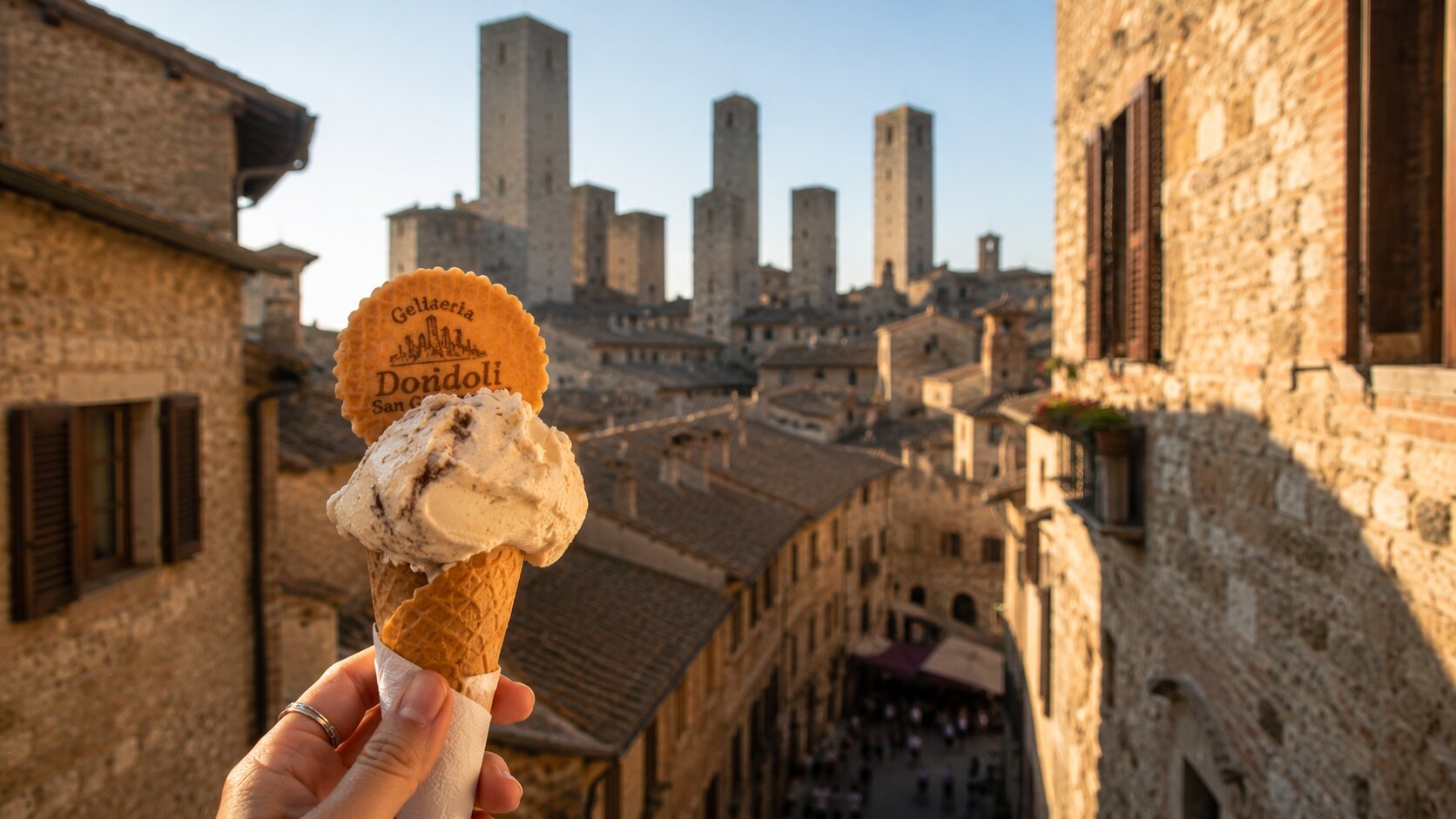 Gelato with San Gimignano towers in the background