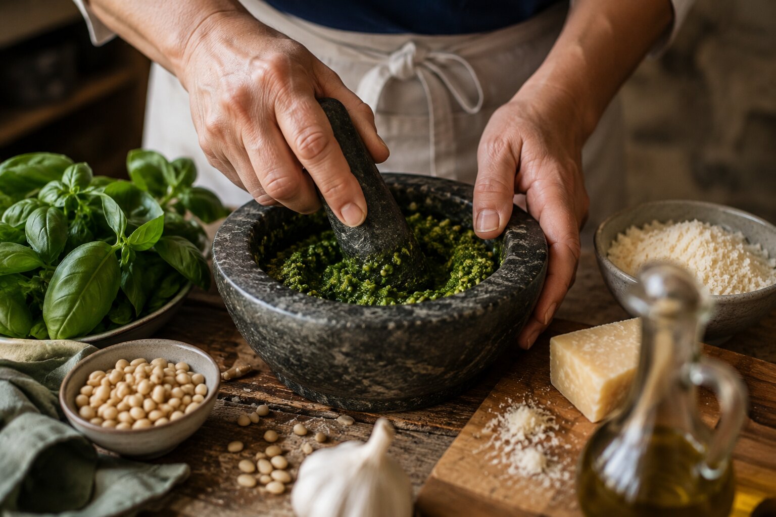 Hands making fresh pesto in a mortar