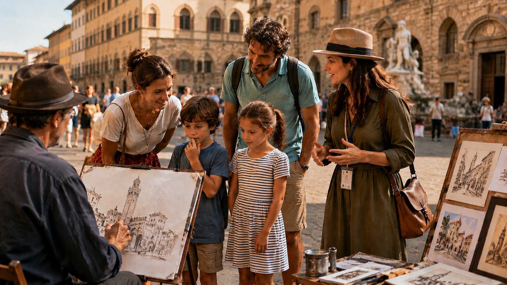 Family watching a street artist in Florence