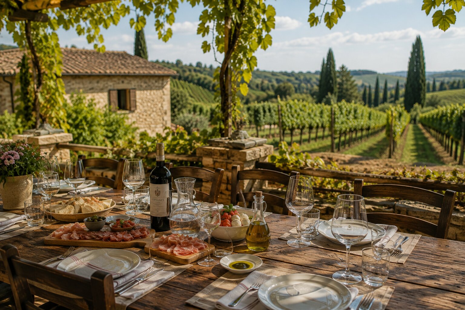 Rustic winery lunch table in Tuscany