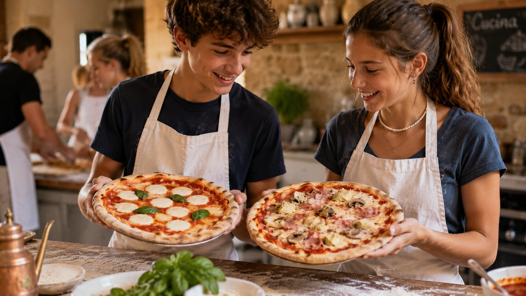 Teenagers cooking together in Tuscany