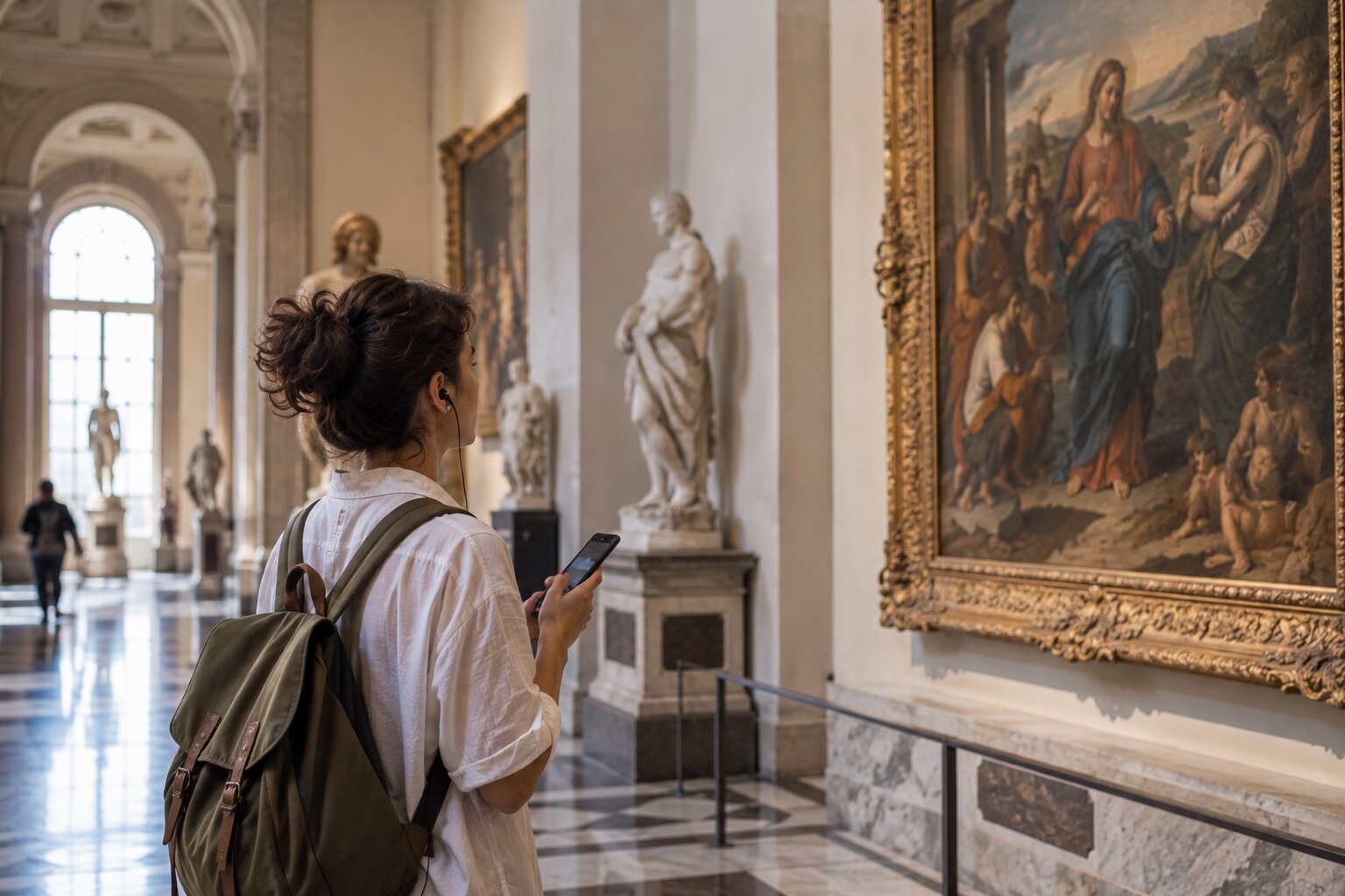 Solo traveler using an audio guide in Florence