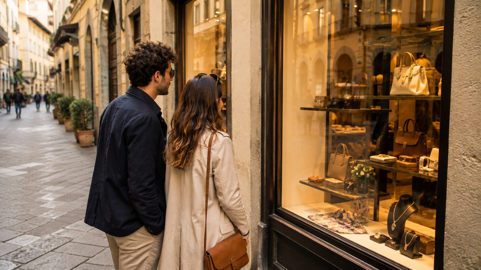 Couple browsing a shop window in Florence