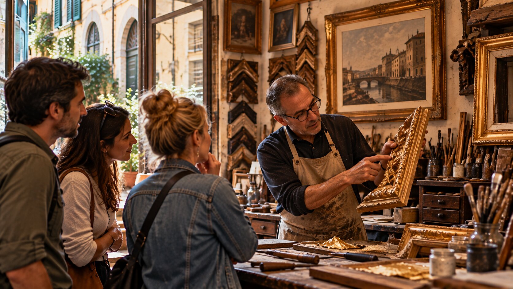 Artisan showing a handmade frame in Florence