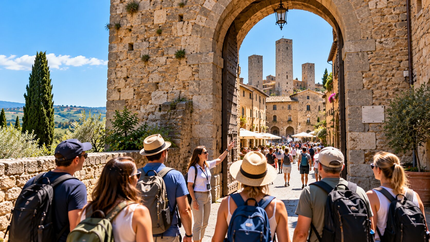 Guided group entering San Gimignano