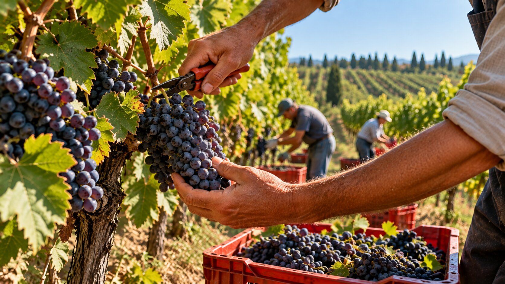 Hand-picking Sangiovese grapes in Chianti
