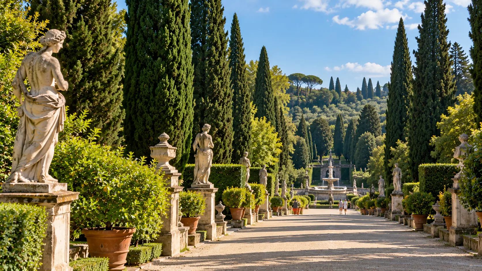 Peaceful tree-lined avenue in the Boboli Gardens in Florence