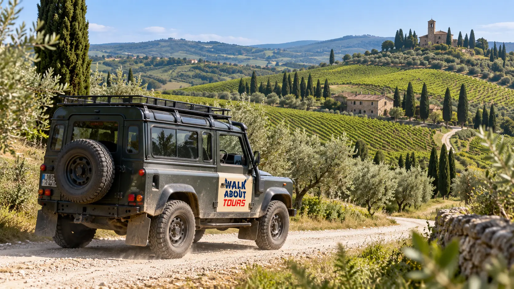 Off-road 4x4 driving through vineyards and countryside on a private Chianti wine safari