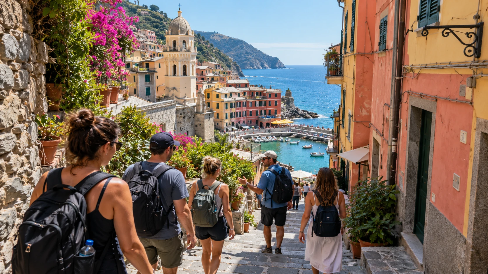 Visitors walking through the narrow streets and stone steps of Vernazza during a Cinque Terre day trip.