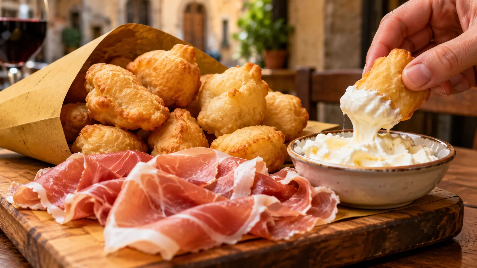Traditional Florentine coccoli served with creamy stracchino cheese and prosciutto crudo
