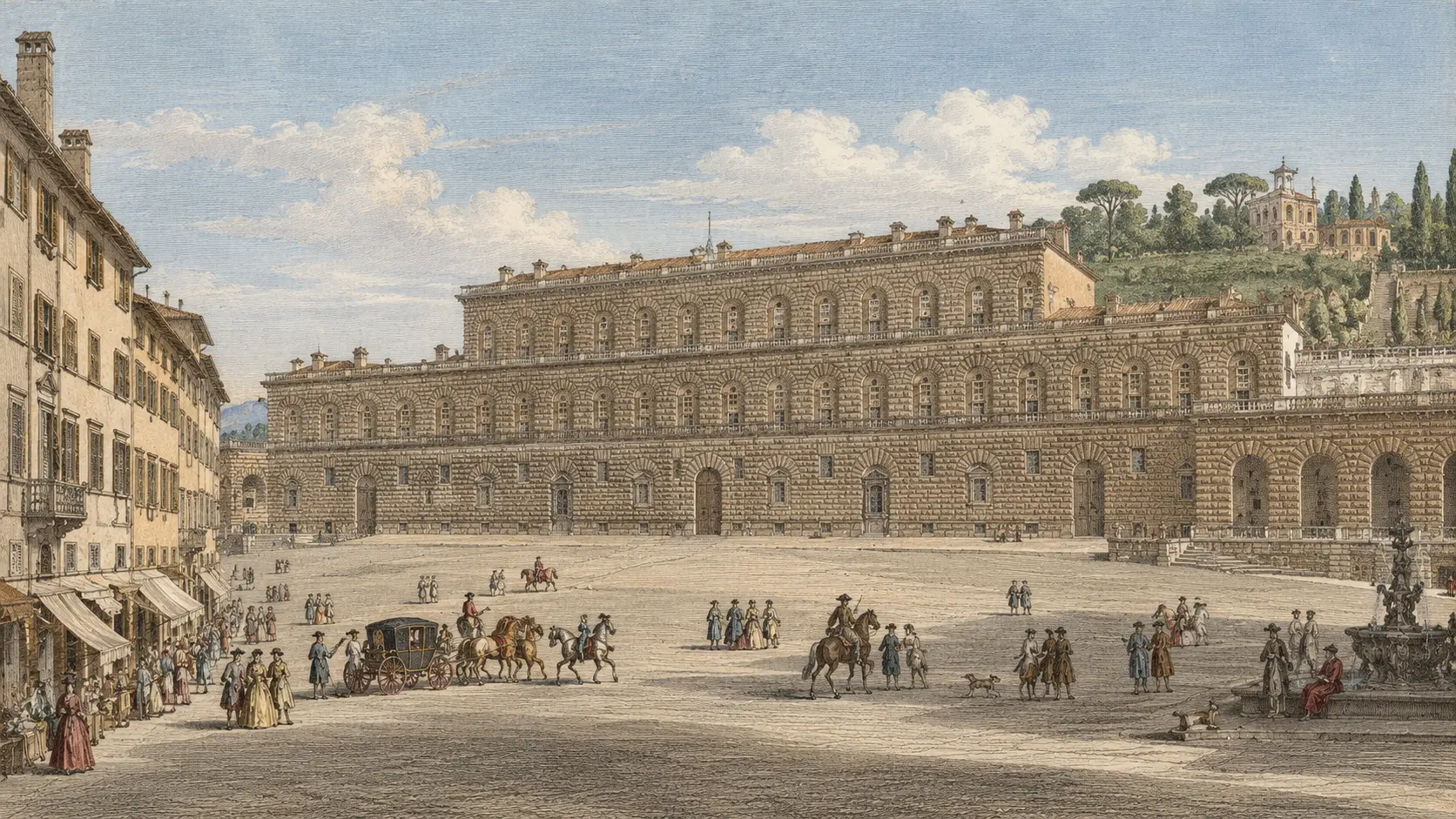 Giuseppe Zocchi's 1744 engraving of Pitti Palace before the addition of its side wings