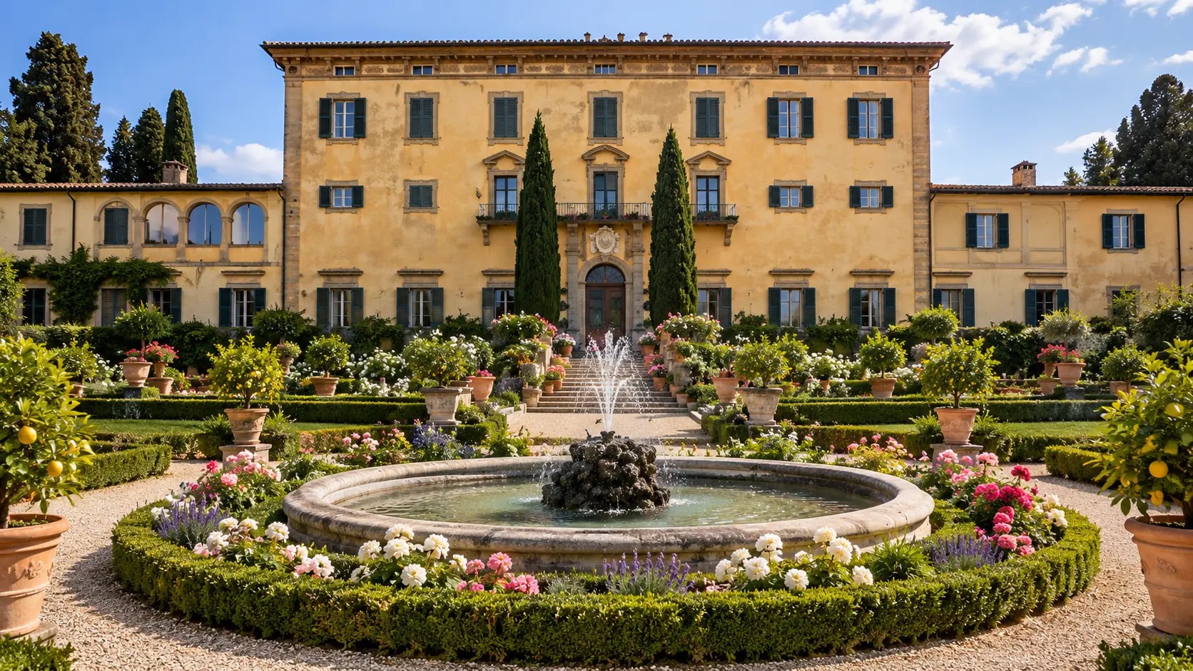 Historic Villa Poggio Torselli with its fountain and flower-filled gardens in Chianti.