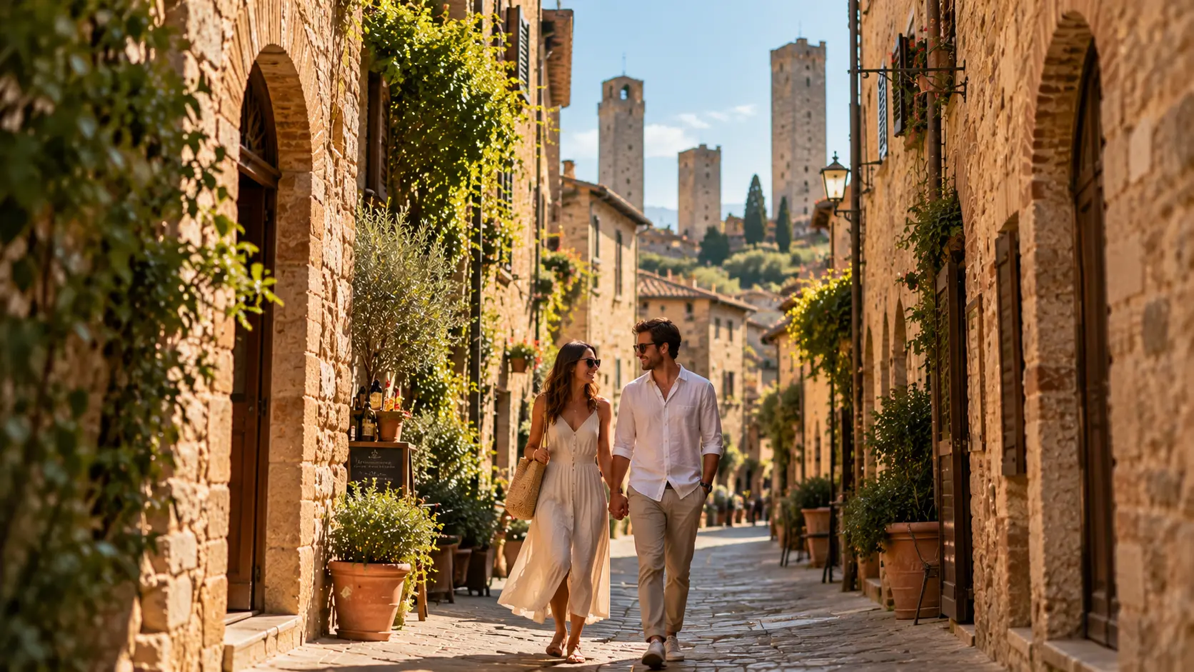 Couple exploring the medieval streets of San Gimignano on a private tour